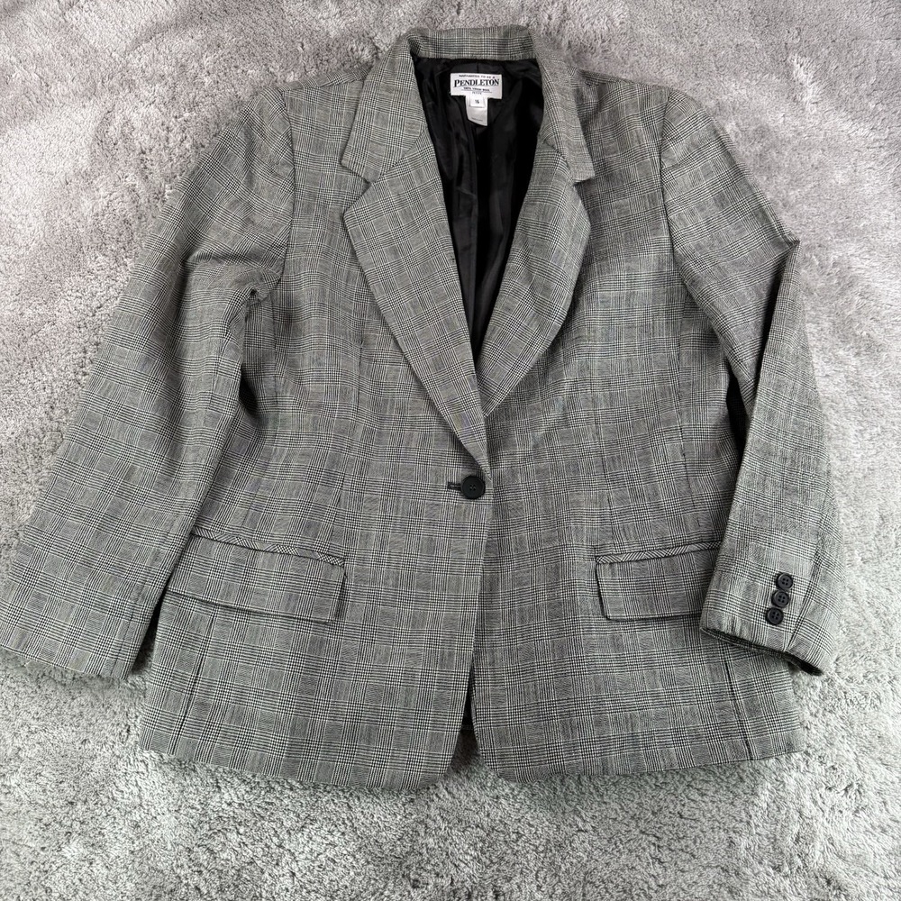 Pendleton Blazer Womens 16P Black Gray Plaid Virgin Wool Heritage USA Classic - Picture 1 of 11